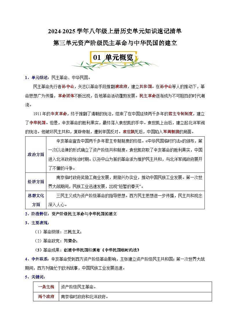 第3单元+资产阶级民主革命与中华民国的建立-2024-2025学年八年级上册历史单元知识速记清单讲义（人教版部编版统编版）第1页
