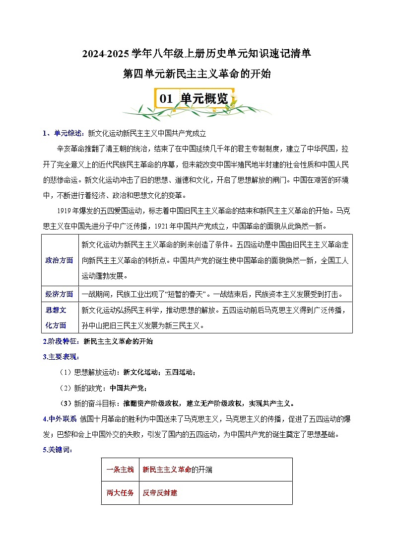 第4单元+新民主主义革命的开始-2024-2025学年八年级上册历史单元知识速记清单讲义（人教版部编版统编版）第1页