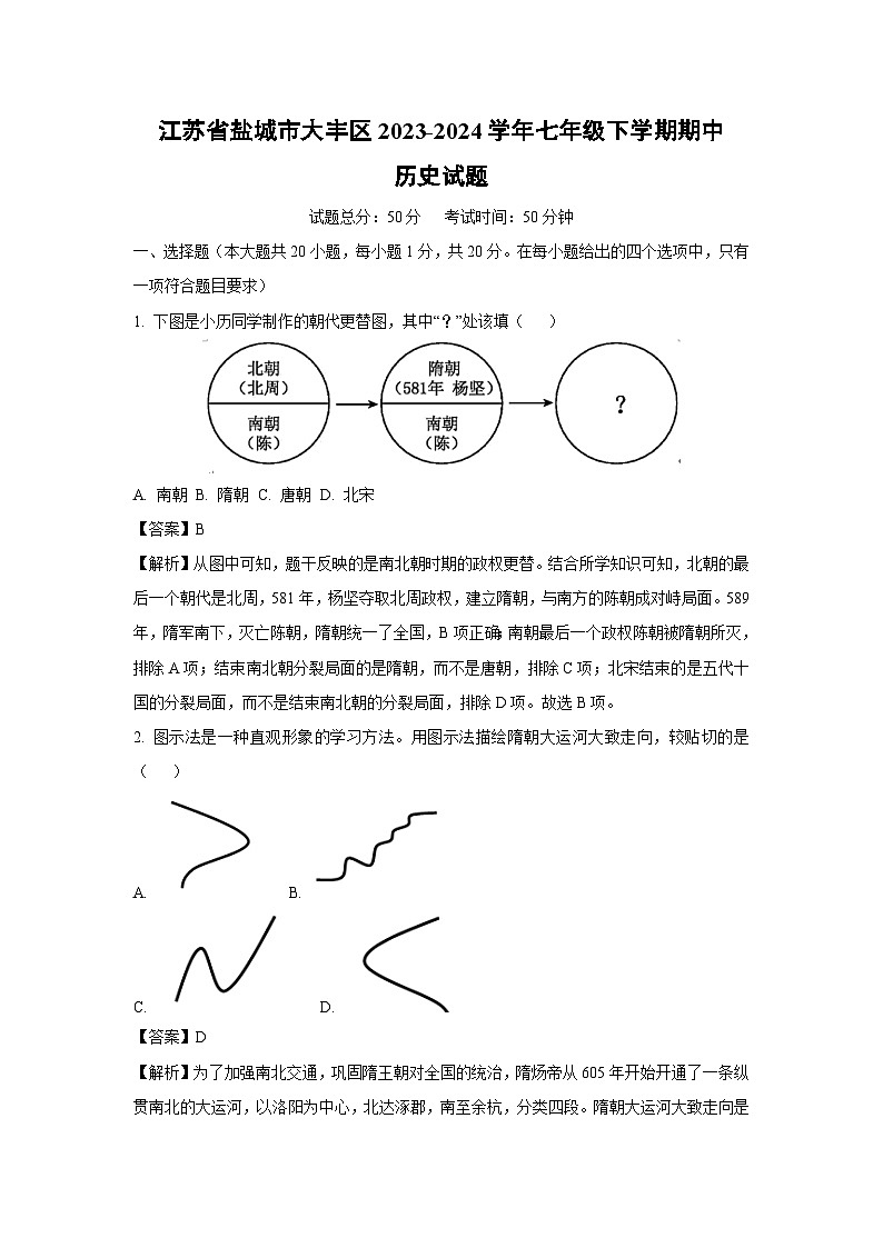 [历史][期中]江苏省盐城市大丰区2023-2024学年七年级下学期期中试题(解析版)第1页