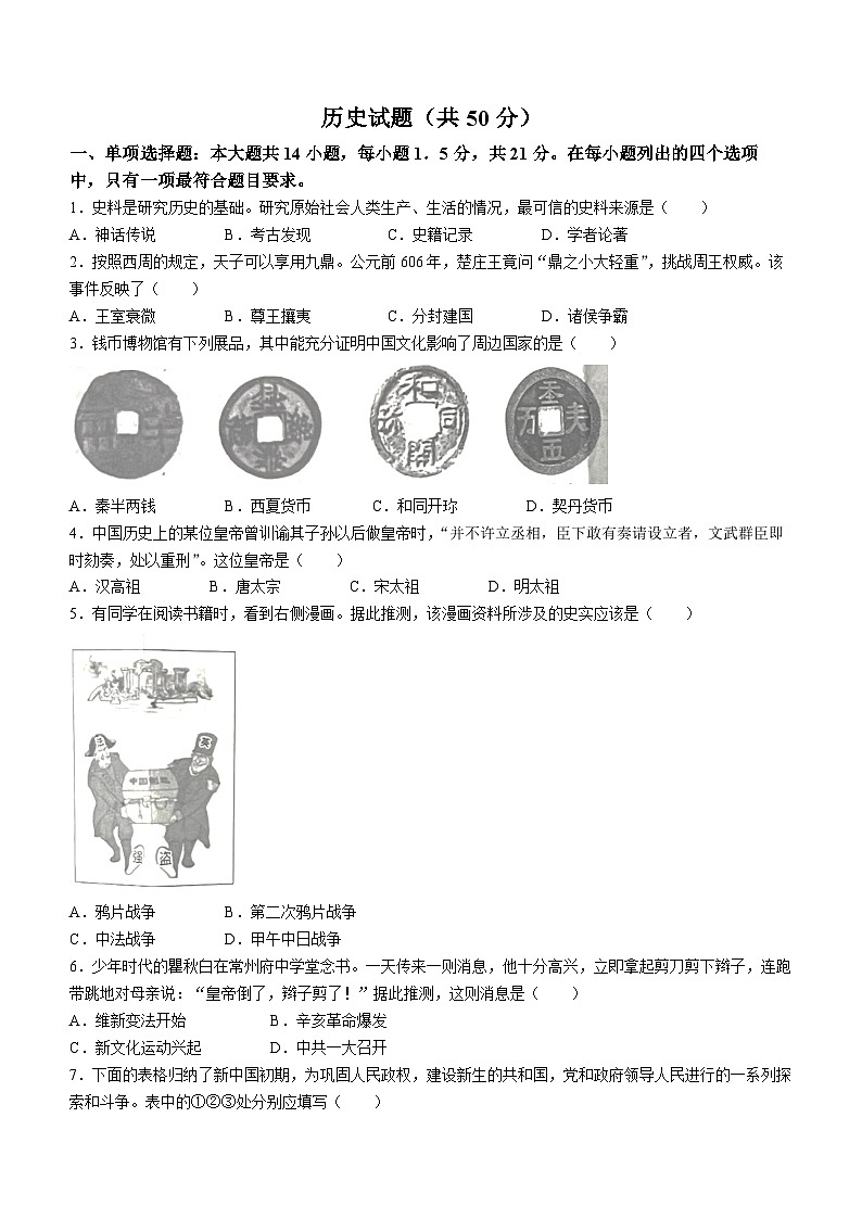 2024年江苏省常州市中考历史真题(无答案)01