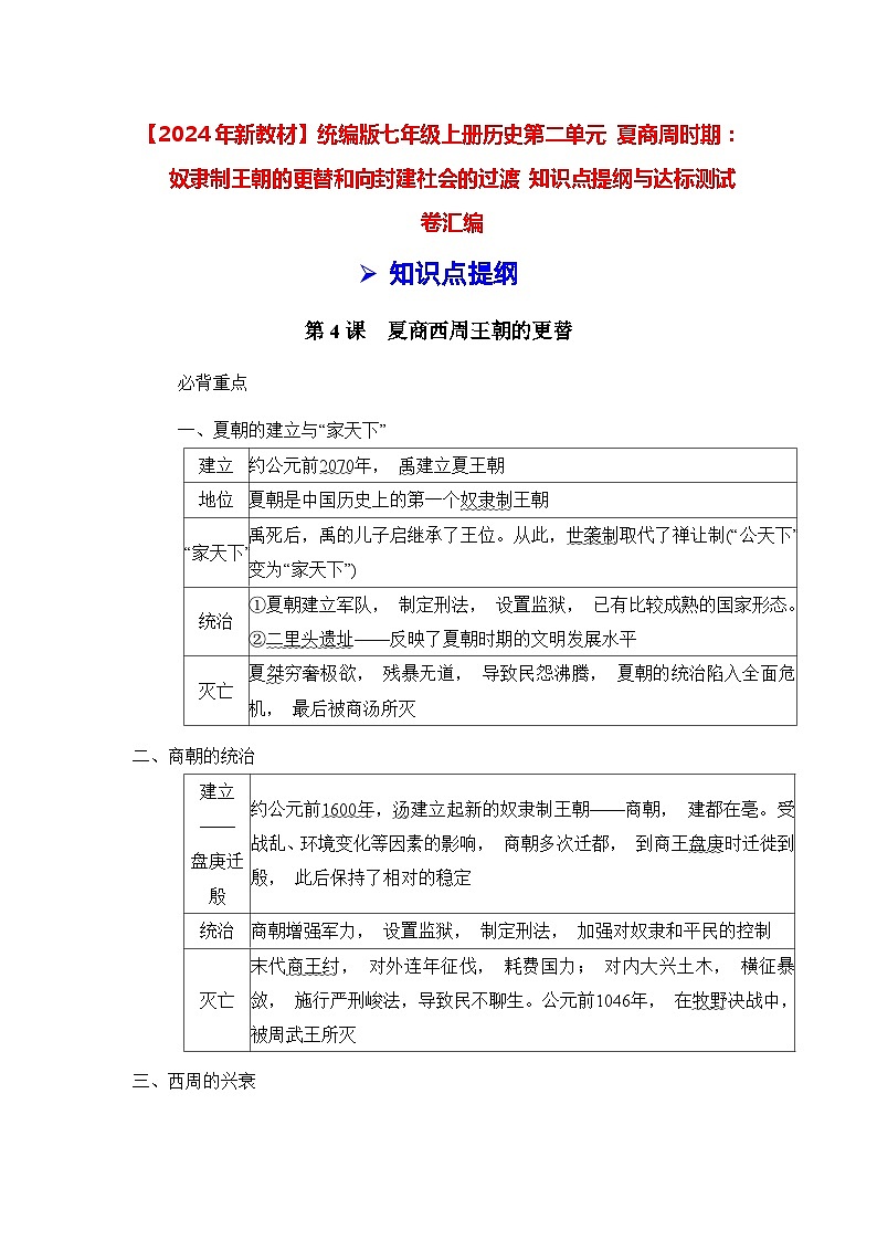 【2024年新教材】统编版七年级上册历史第二单元 夏商周时期：知识点提纲与达标测试卷汇编（含答案）01