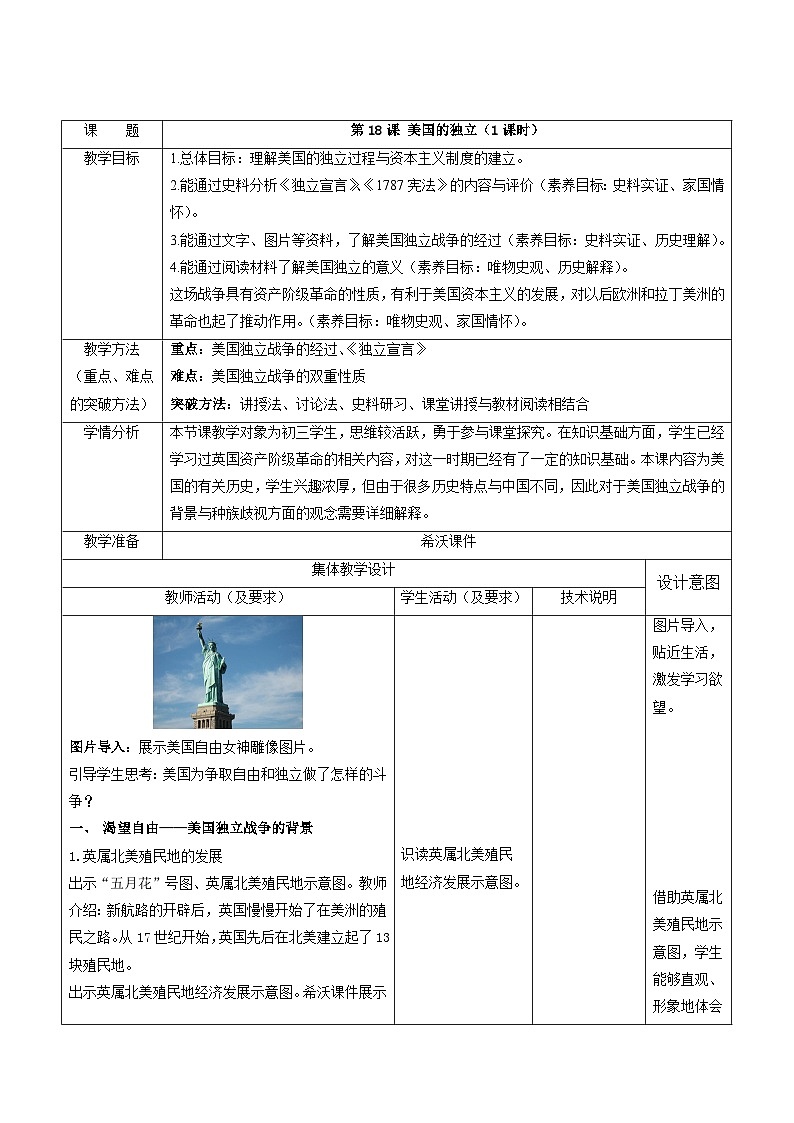 6.18 美国的独立教案部编版历史九年级上册第1页