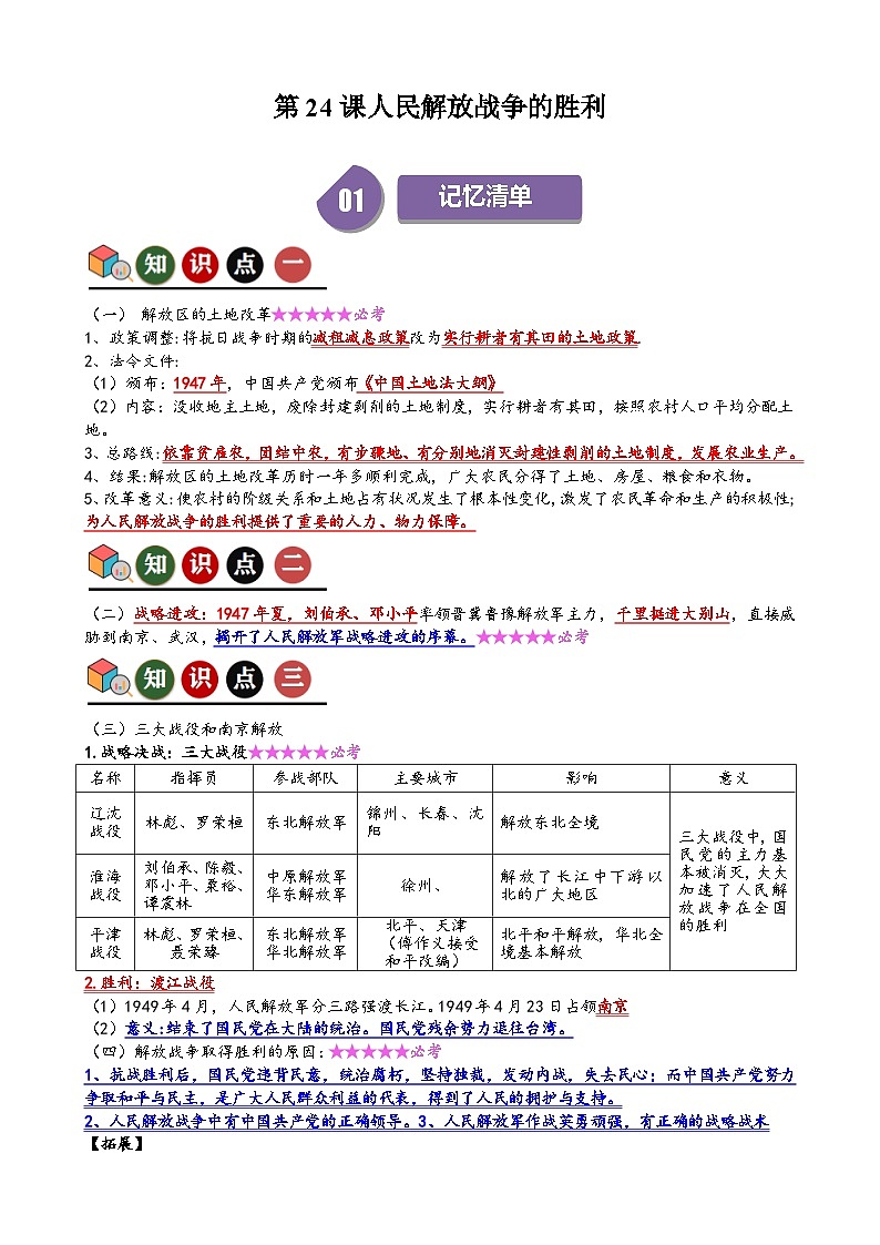 人教部编版初中历史八上 第24课人民解放战争的胜利（记忆清单+分层训练）01