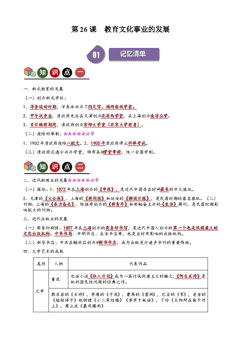 人教部编版初中历史八上 第26课  教育文化事业的发展（记忆清单+分层训练）01