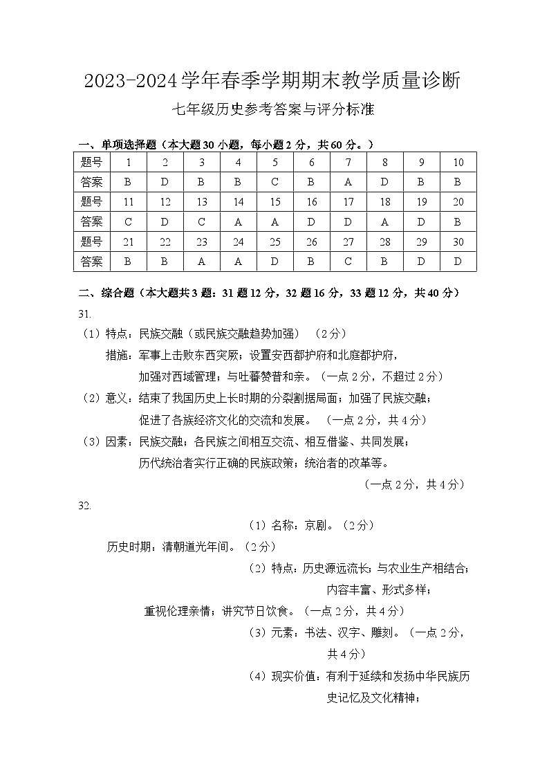 广东省惠州市博罗县2023-2024学年七年级下学期期末考试历史答案第1页