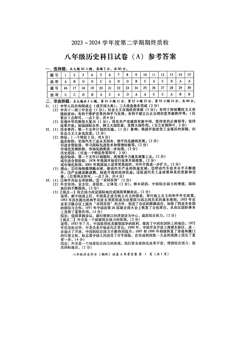 广东省揭阳市榕城区2023-2024学年部编版八年级下学期7月期末历史试题01