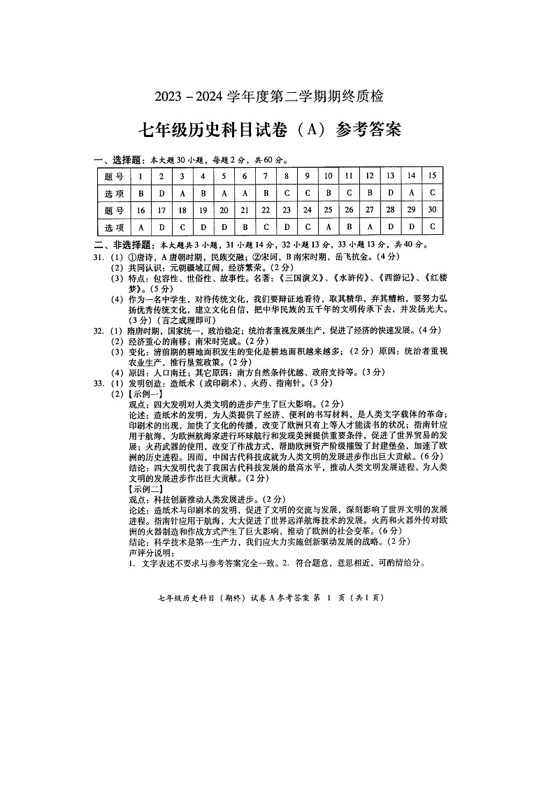 广东省揭阳市榕城区2023-2024学年七年级下学期7月期末历史试题01