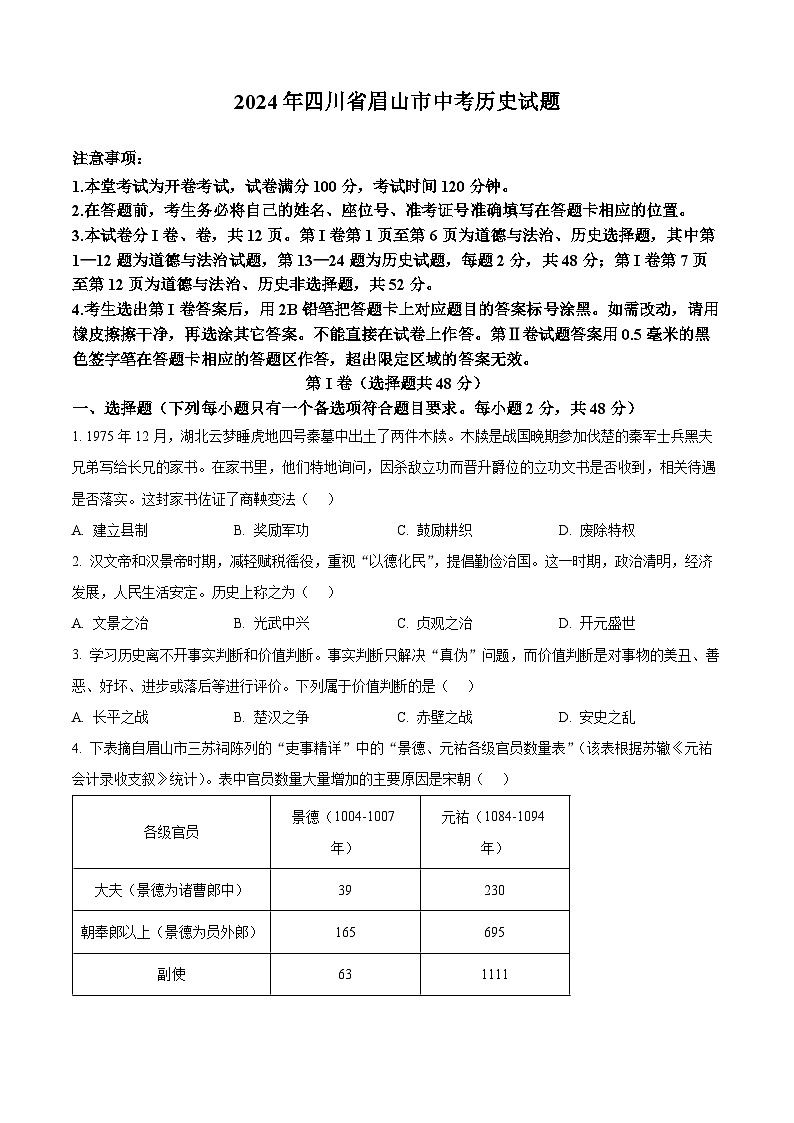 2024年四川省眉山市中考历史试题（空白卷）第1页