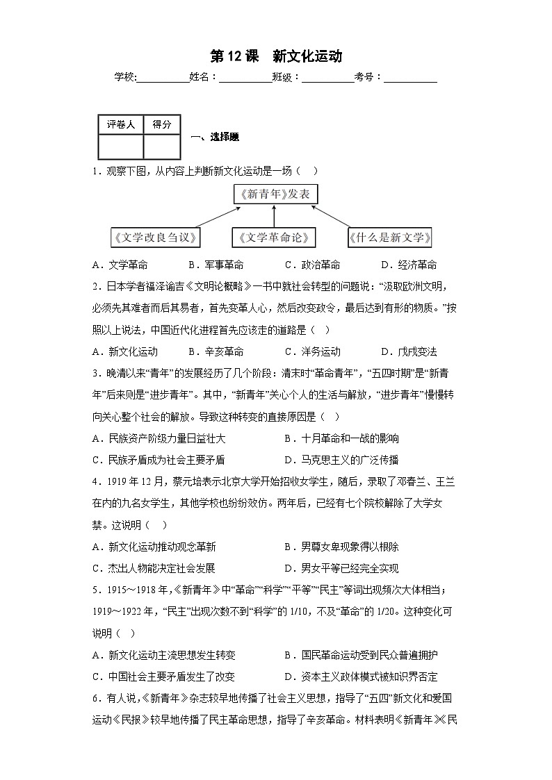 第12课  新文化运动-【新课标核心素养时代】（精品课件+预习清单+素养评价）01