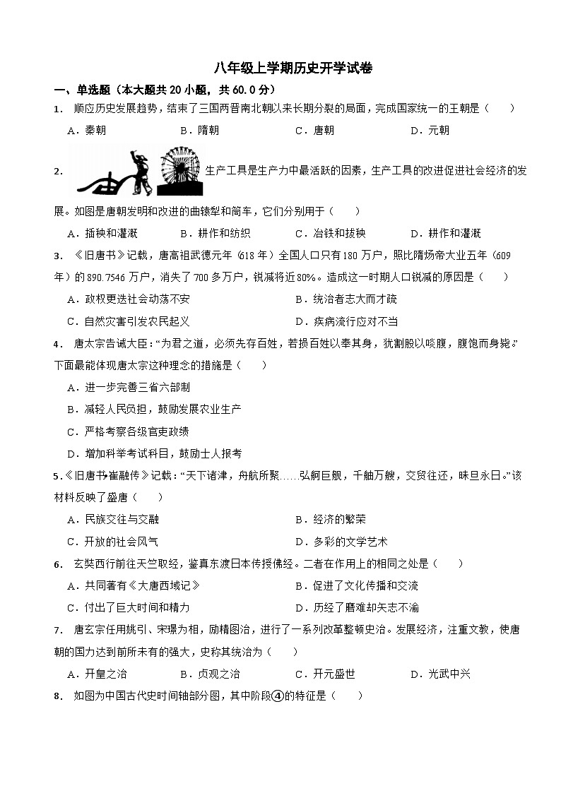 山西省太原2024年八年级上学期历史开学试卷附答案第1页
