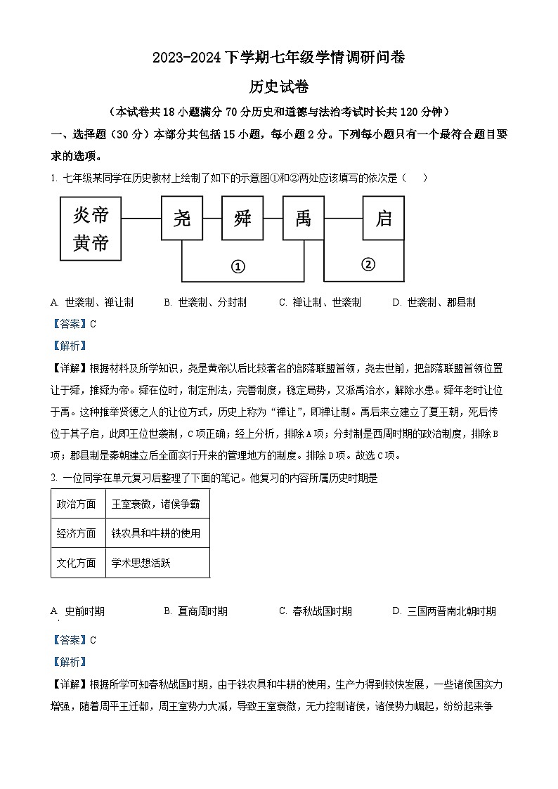 辽宁省沈阳市2023-2024学年七年级下学期期末历史试题（原卷版+解析版）01