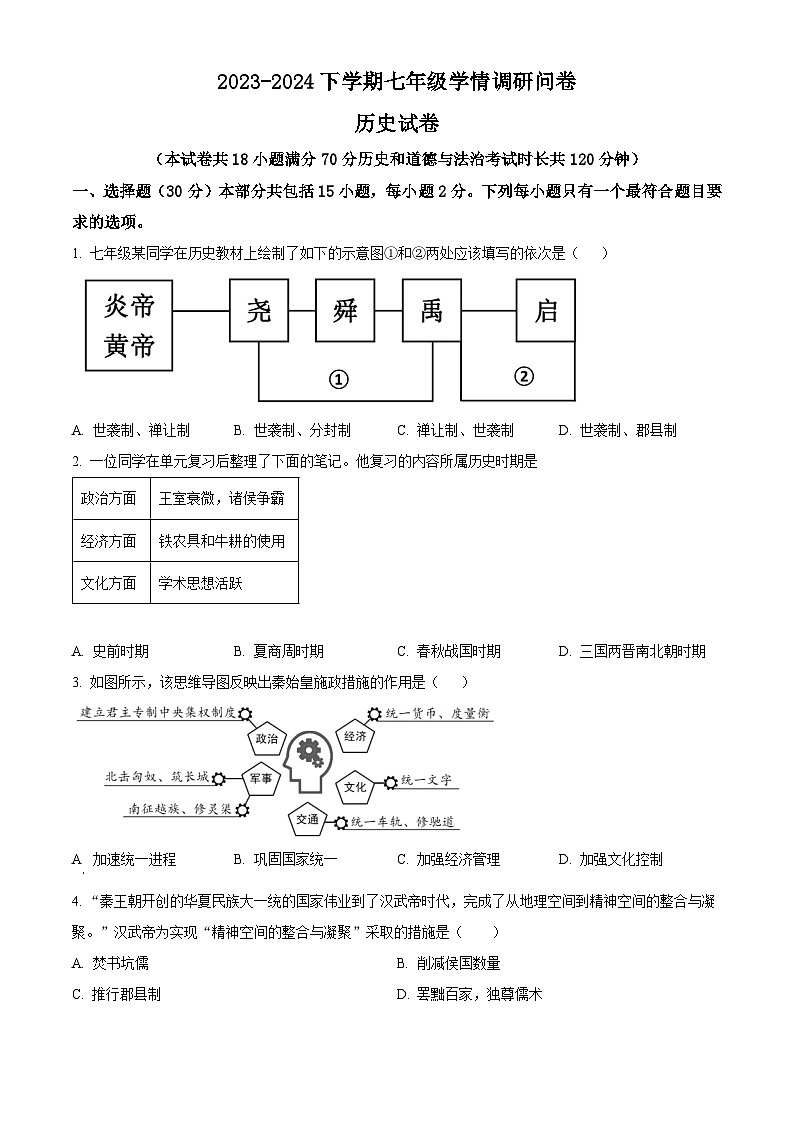 辽宁省沈阳市2023-2024学年七年级下学期期末历史试题（原卷版+解析版）01