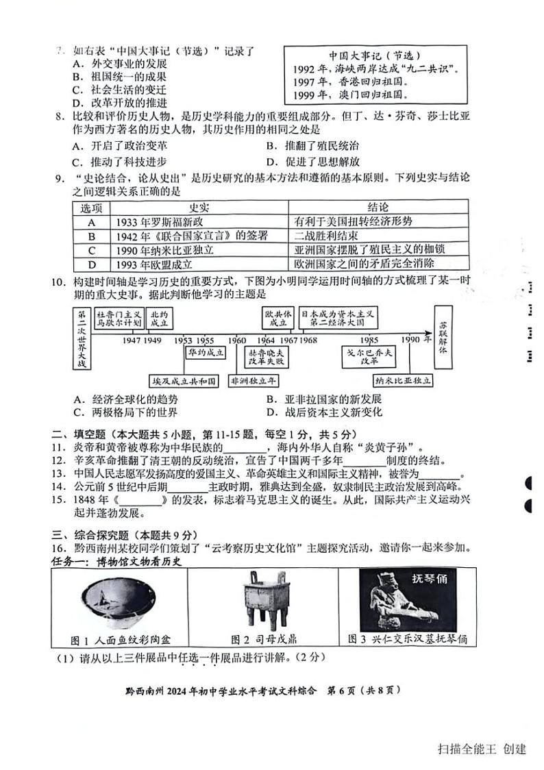 [历史]2024年贵州省黔西南州中考真题历史真题(有答案)02