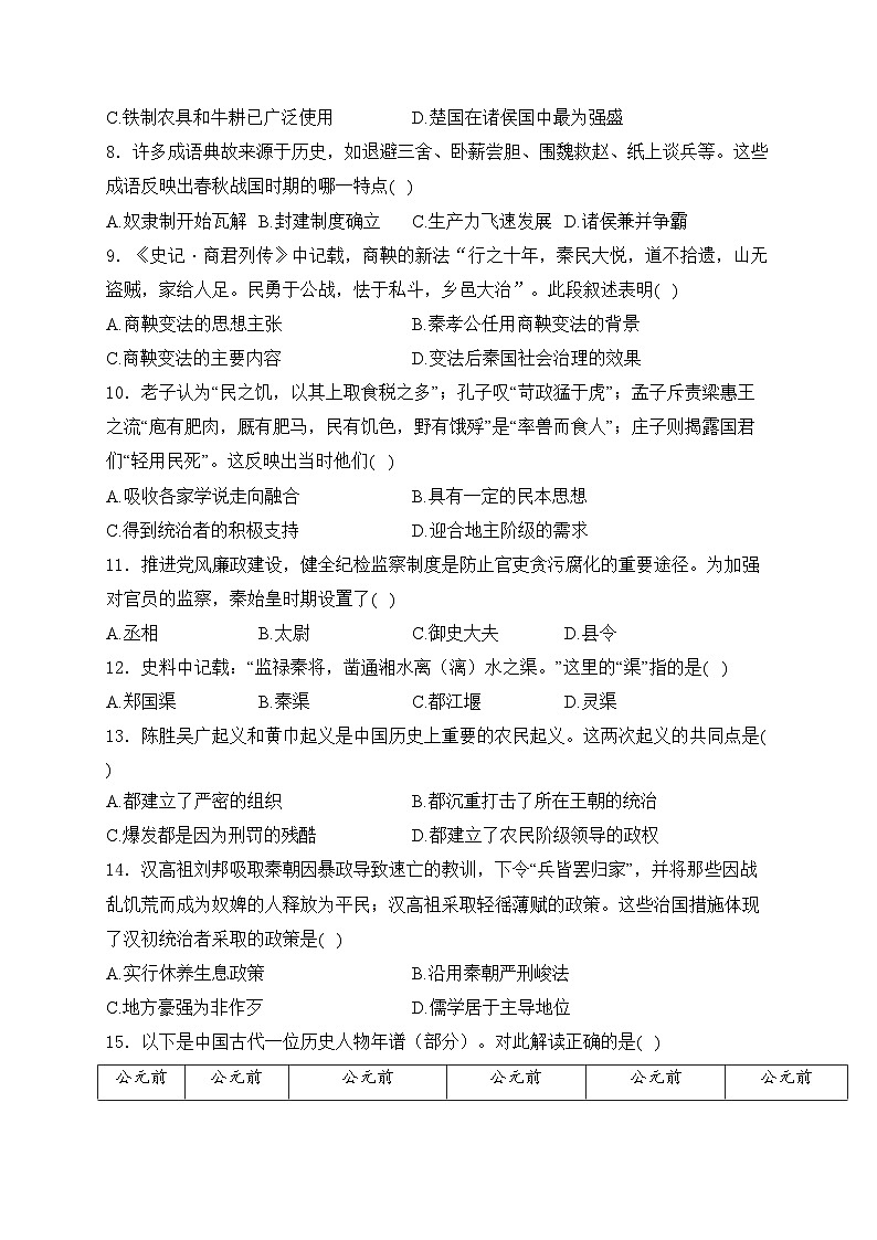 安徽省淮南市凤台县部分学校2023-2024学年七年级上学期期末质量检测历史试卷(含答案)02