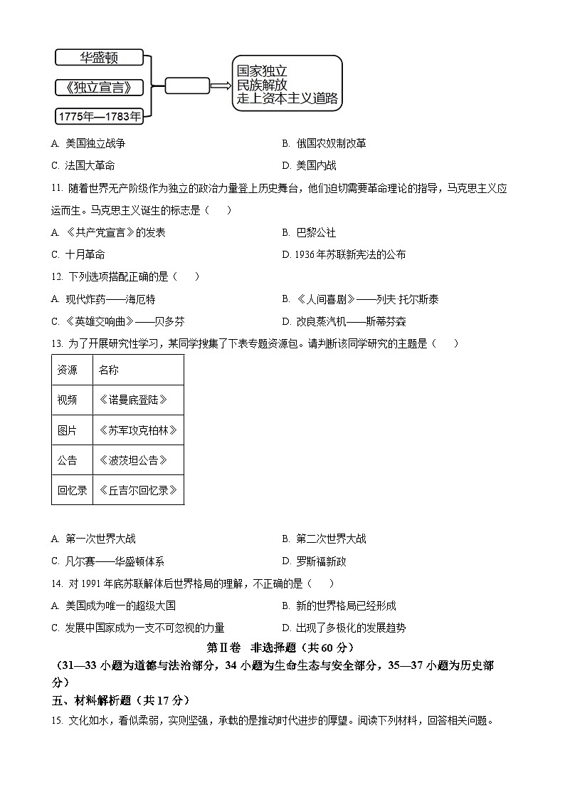 [历史]2023年四川省巴中市中考真题历史试卷(原题版+解析版)03