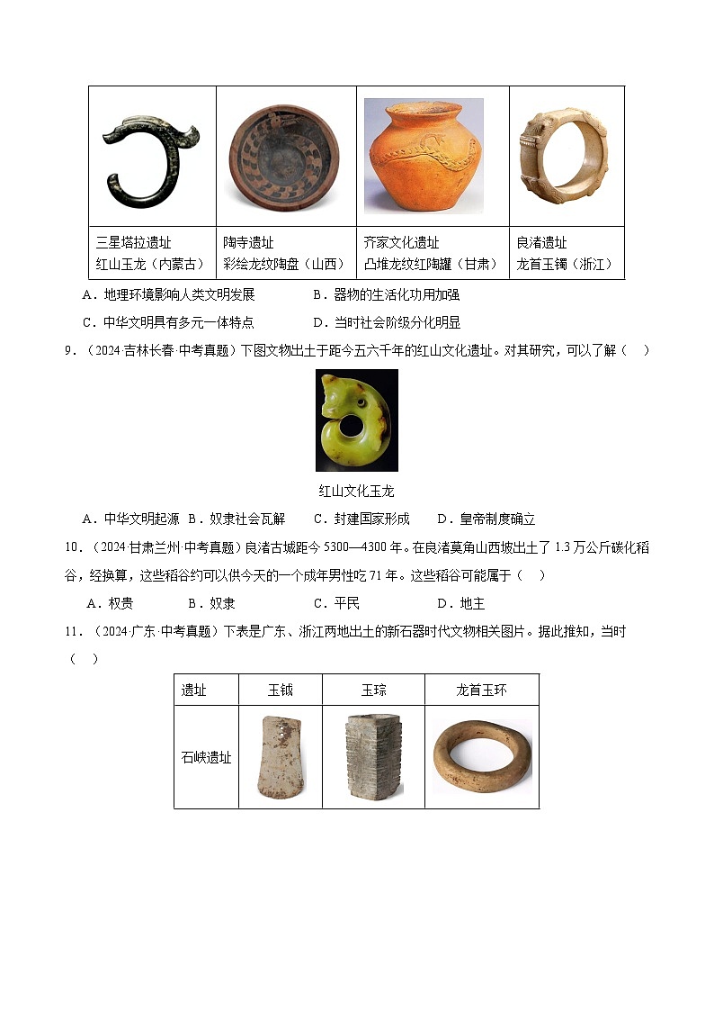 三年（2022-2024）中考历史真题分类汇编（全国通用）专题01 中国境内早期人类与文明的起源（原卷版）第2页