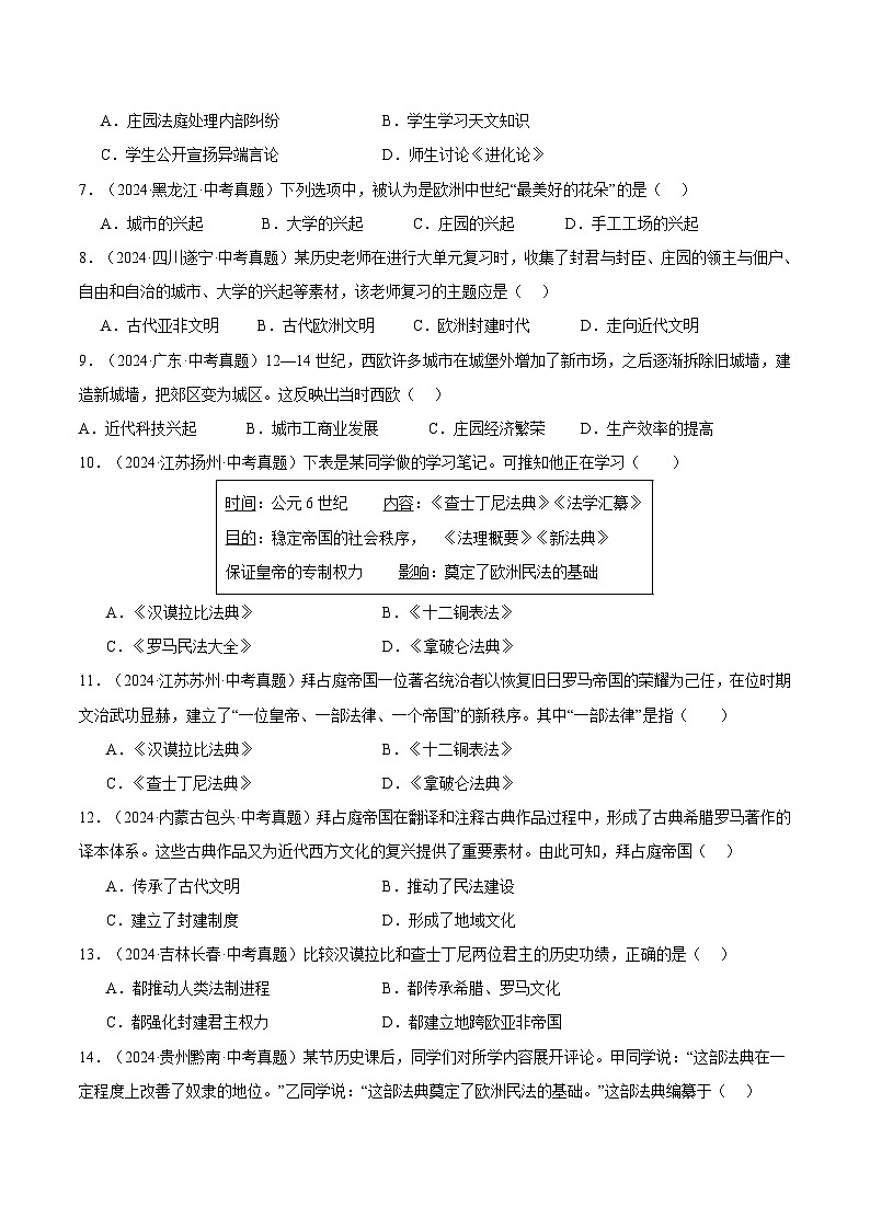 三年（2022-2024）中考历史真题分类汇编（全国通用）专题24 封建时代的欧洲（原卷版）02