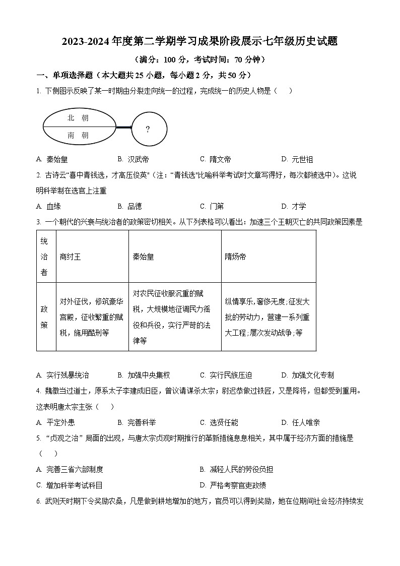 山东省德州市夏津县2023-2024学年七年级下学期期中考试历史试题（原卷版）第1页