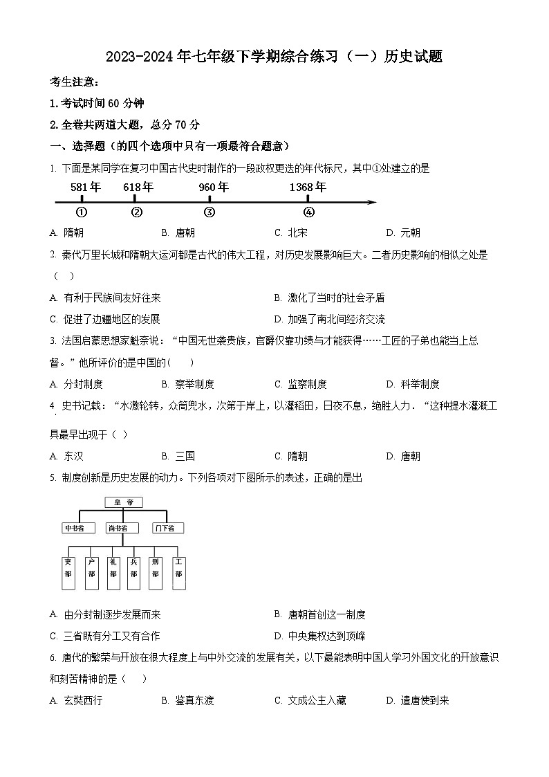 黑龙江省龙东地区部分学校2023~2024学年七年级下学期期中考试历史试卷（原卷版）第1页
