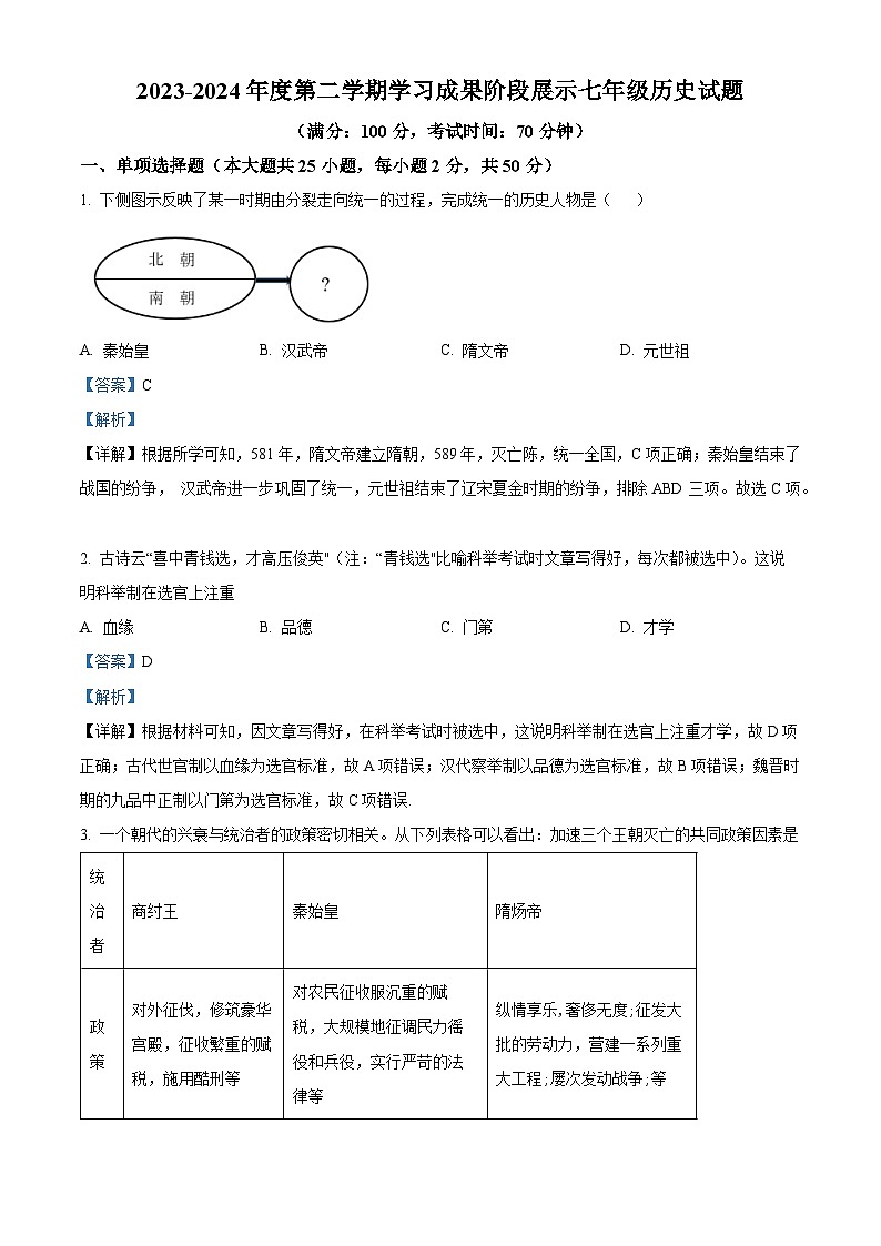 山东省德州市夏津县2023-2024学年七年级下学期期中考试历史试题（解析版）第1页