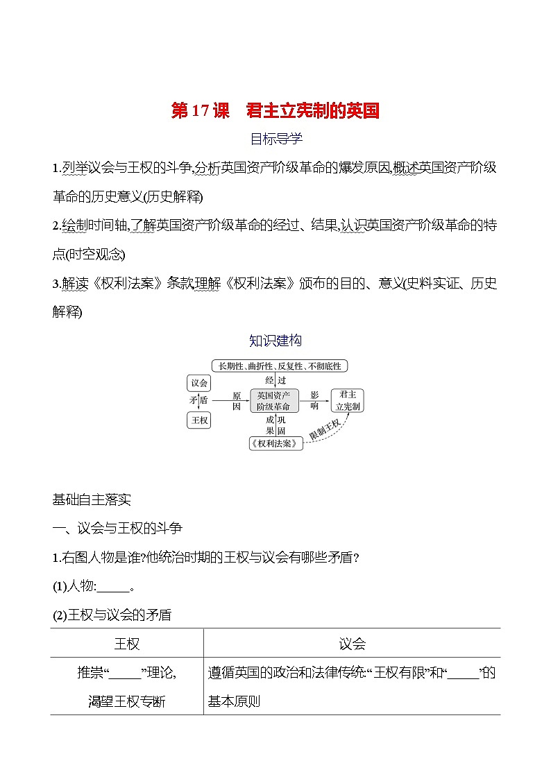 第六单元　第17课　君主立宪制的英国 学案（学生版）2024-2025  部编版历史九年级上册第1页