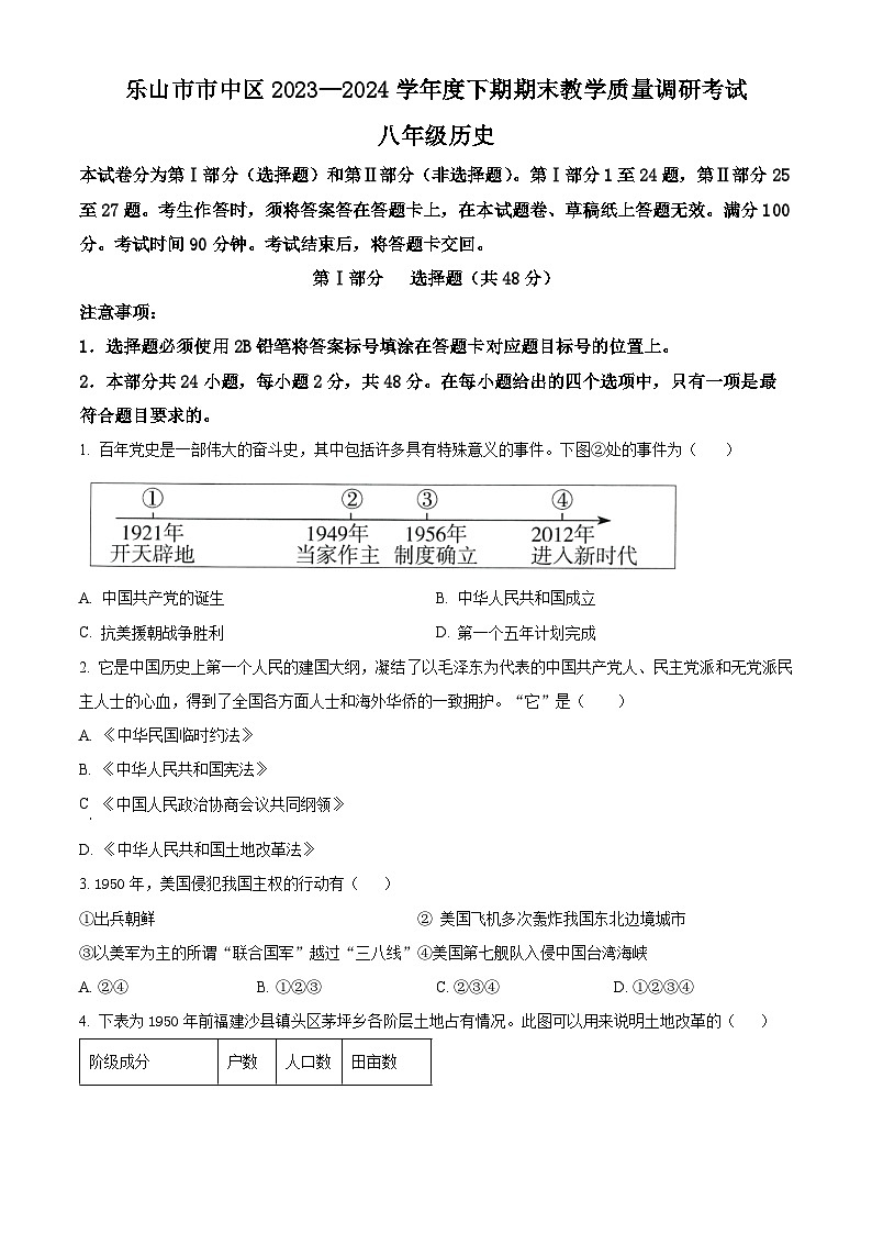 四川省乐山市市中区2023-2024学年八年级下学期期末历史试题（原卷版）第1页
