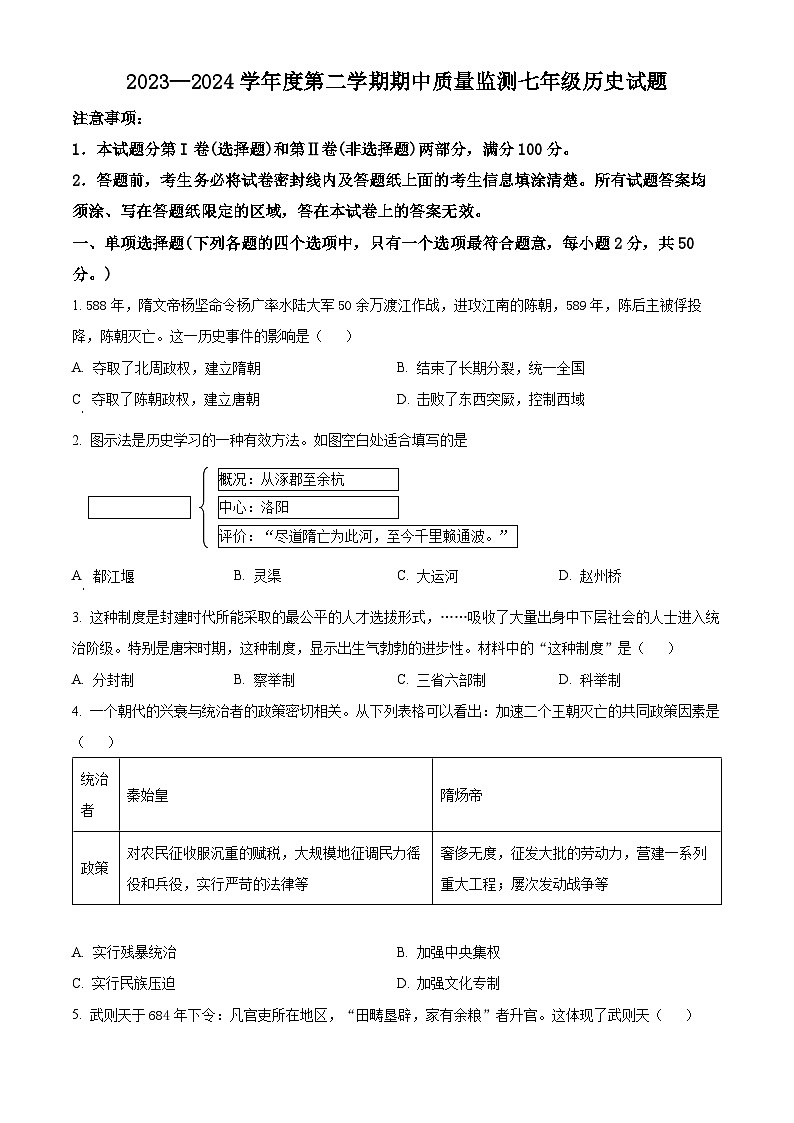 山东省枣庄市峄城区2023—2024学年七年级下学期期中质量检测历史试题（原卷版）01