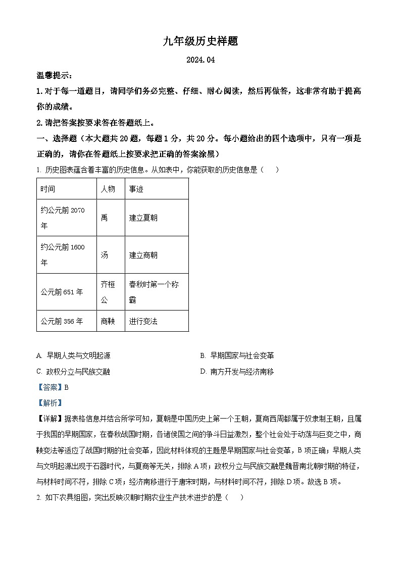 山东省菏泽市定陶区2023-2024学年九年级下学期期中考试历史试题（原卷版+解析版）01