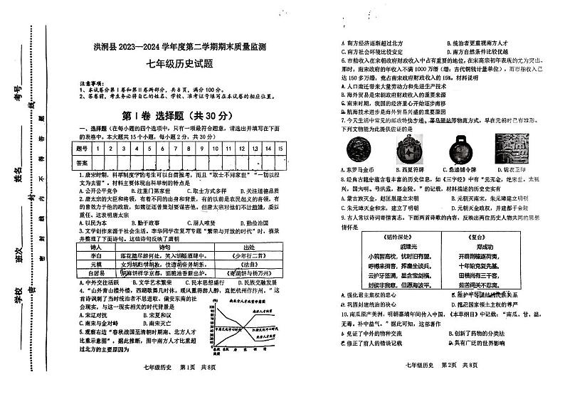 山西省临汾市洪洞县2023-2024学年七年级下学期期末考试历史试题第1页