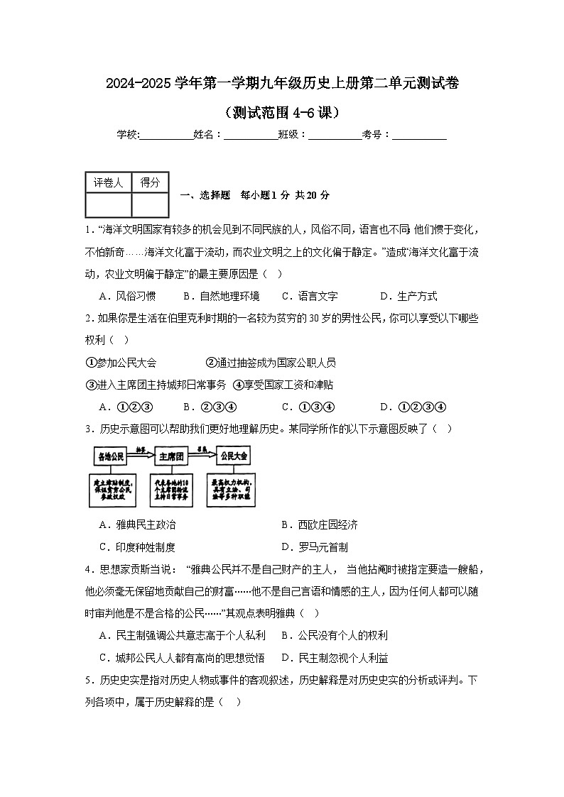 2024-2025学年第一学期人教版九年级历史上册第二单元测试卷（含答案）（测试范围4-6课）01