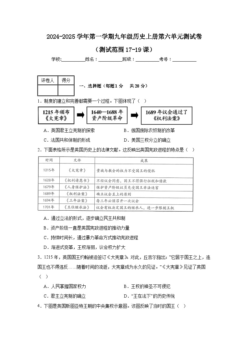 2024-2025学年第一学期人教版九年级历史上册第六单元测试卷（含答案）（测试范围17-19课）01