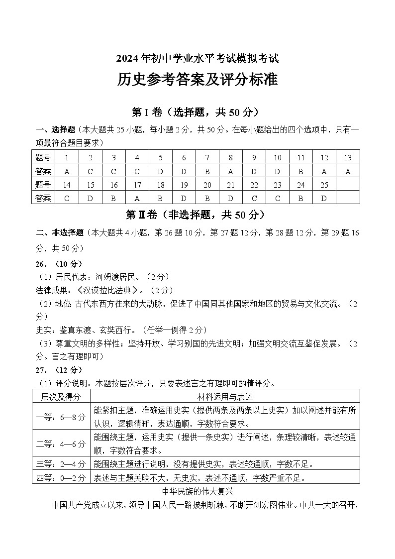 2024年云南省德宏州盈江县中考一模历史试题01