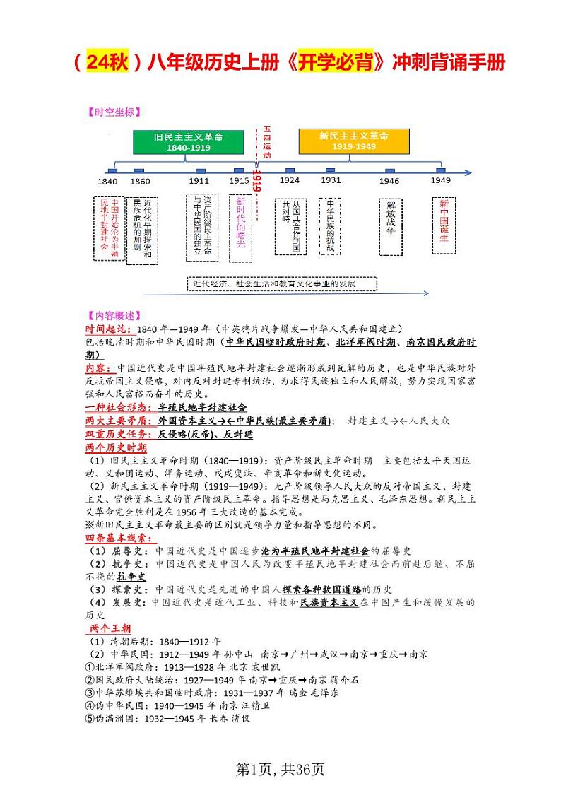 （24秋）八年级历史上册《开学必背》冲刺背诵手册pdf第1页