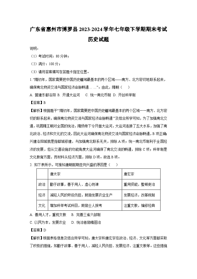 [历史][期末]广东省惠州市博罗县2023-2024学年七年级下学期期末考试试题(解析版)第1页