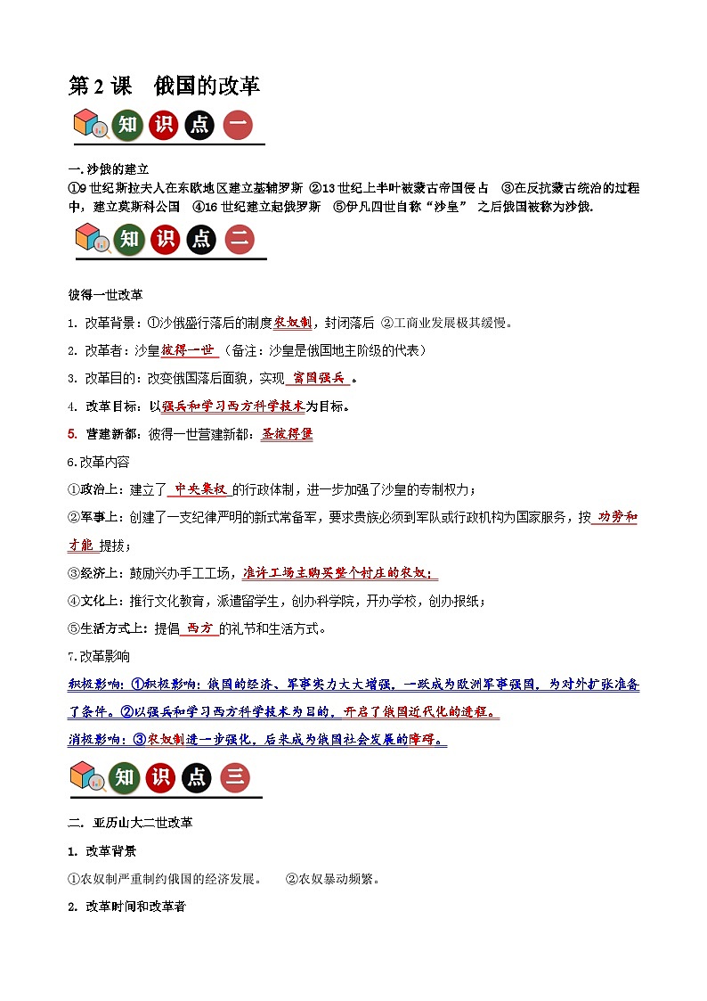 人教版初中历史9下 第2课  俄国的改革（记忆清单+分层训练）01