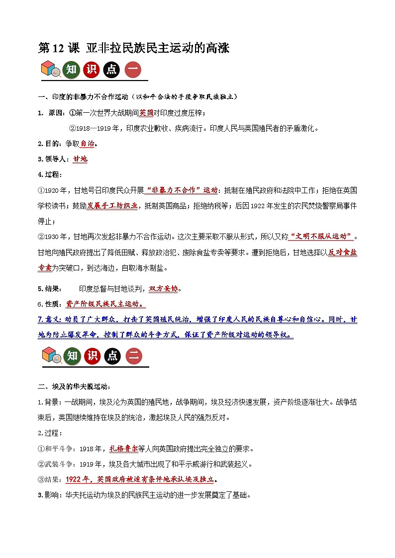 人教版初中历史9下 第12课   亚非拉民族民主运动的高涨（记忆清单+分层训练）第1页