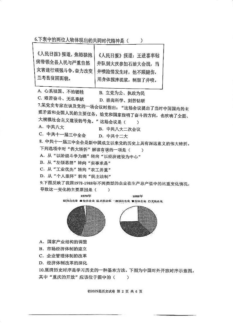重庆市育才中学2023-2024学年部编版八年级下学期期中考试历史试题02