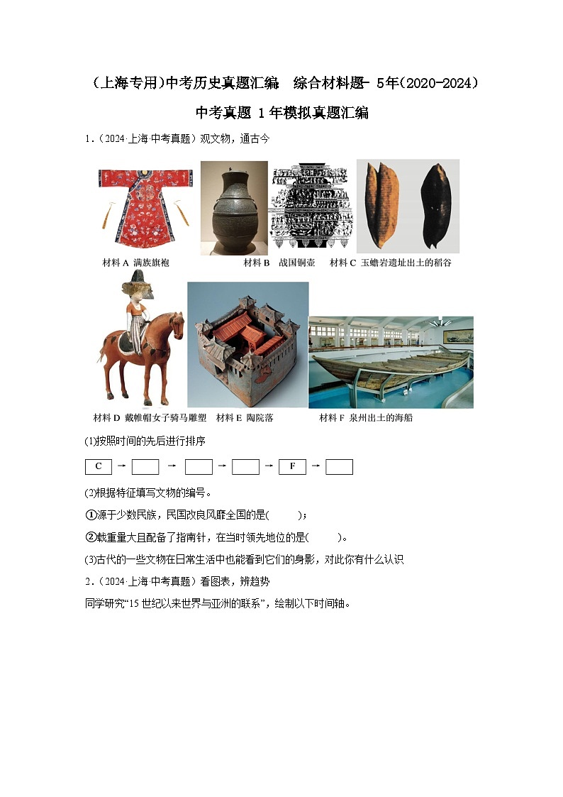 （上海专用）中考历史真题汇编： 综合材料题- 5年（2020-2024）中考真题+1年模拟真题汇编第1页