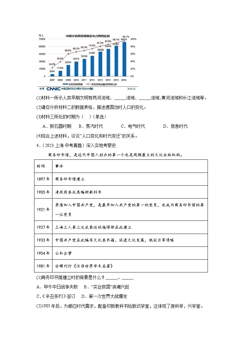 （上海专用）中考历史真题汇编： 综合材料题- 5年（2020-2024）中考真题+1年模拟真题汇编第3页