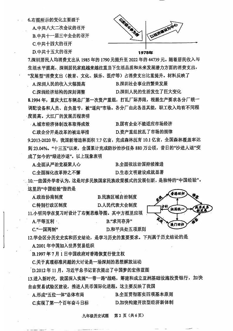 重庆市江北区字水中学2024-2025学年部编版九年级上学期开学考试历史试题02