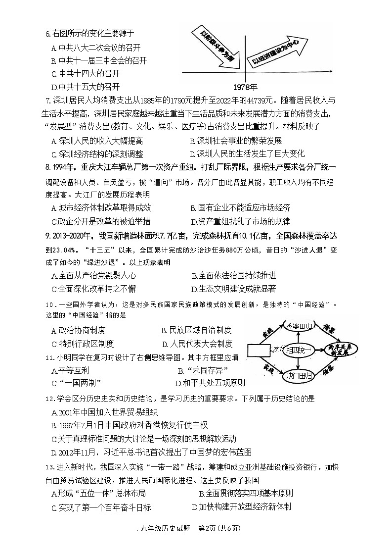 重庆市江北区字水中学2024-2025学年部编版九年级上学期开学考试历史试题02