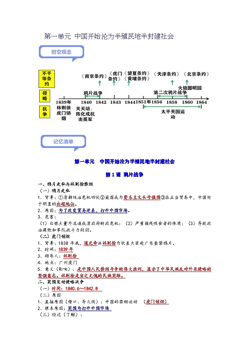 第一单元 中国开始沦为半殖民地半封建社会（记忆清单+中考演练）01