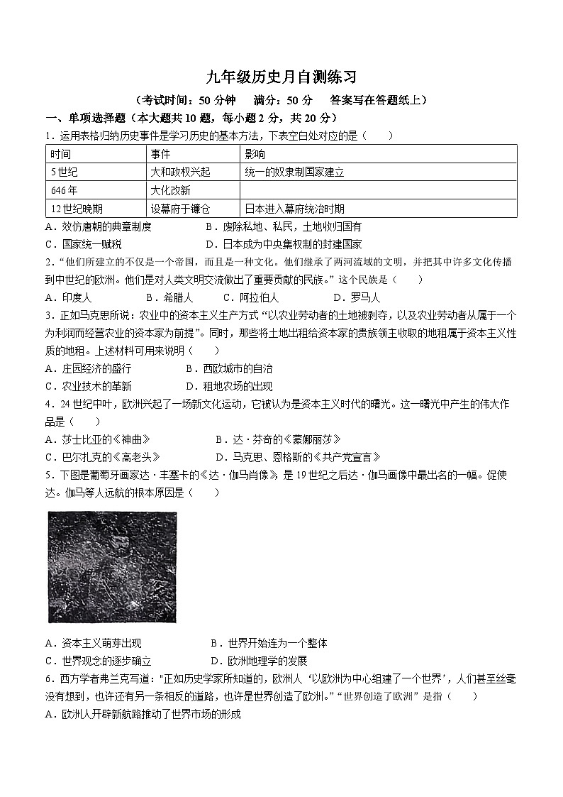 江苏省淮安市多校2024-2025学年部编版九年级上学期第一次月考历史试题01