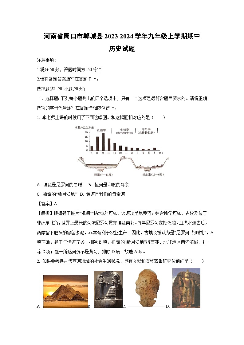 [历史]河南省周口市郸城县2023-2024学年九年级上学期期中试题(解析版)01