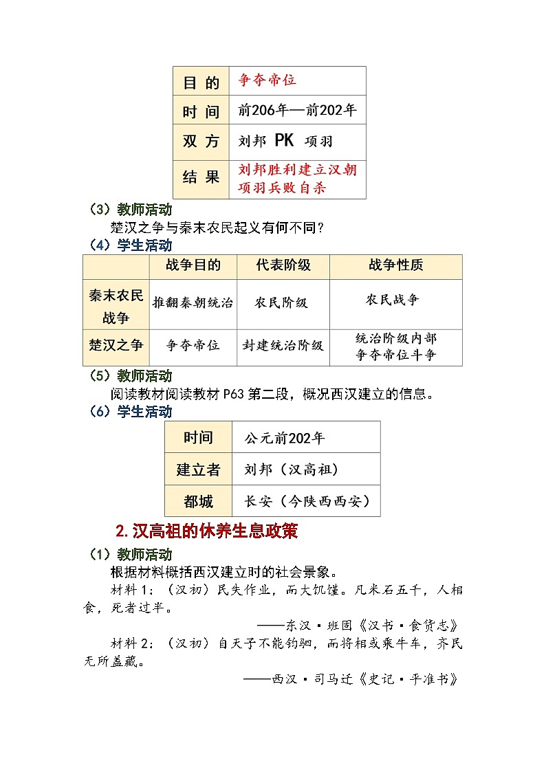 第11课   西汉建立和“文景之治”教案2024-2025学年人教版历史七年级上册02