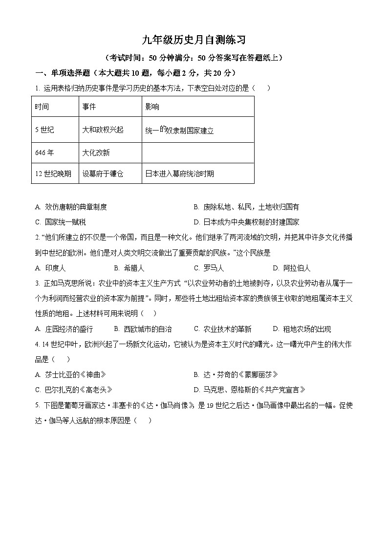 江苏省淮安市多校2024-2025学年九年级上学期第一次月考历史试题（原卷版）第1页