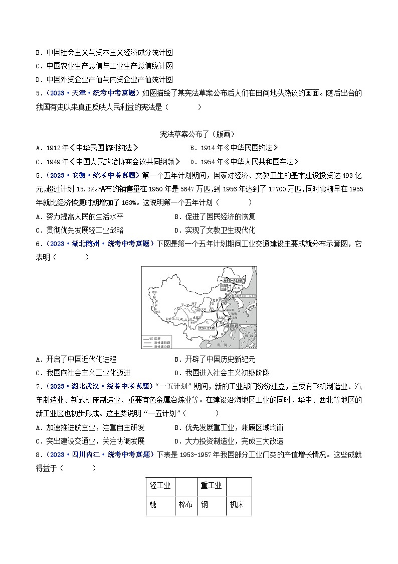 三年(2021-2023)中考历史真题分项汇编(全国通用)第4课新中国工业化的起步和人民代表大会制度的确立(原卷版+解析)第2页