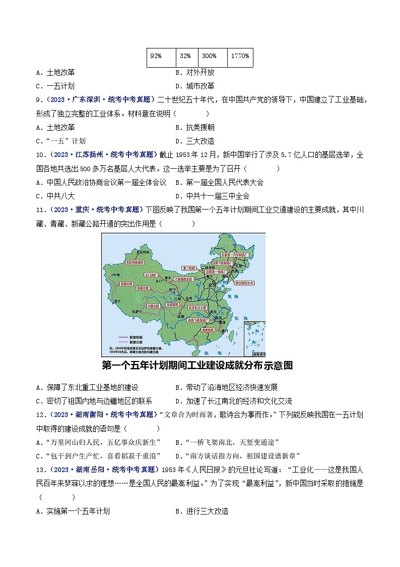 三年(2021-2023)中考历史真题分项汇编(全国通用)第4课新中国工业化的起步和人民代表大会制度的确立(原卷版+解析)第3页