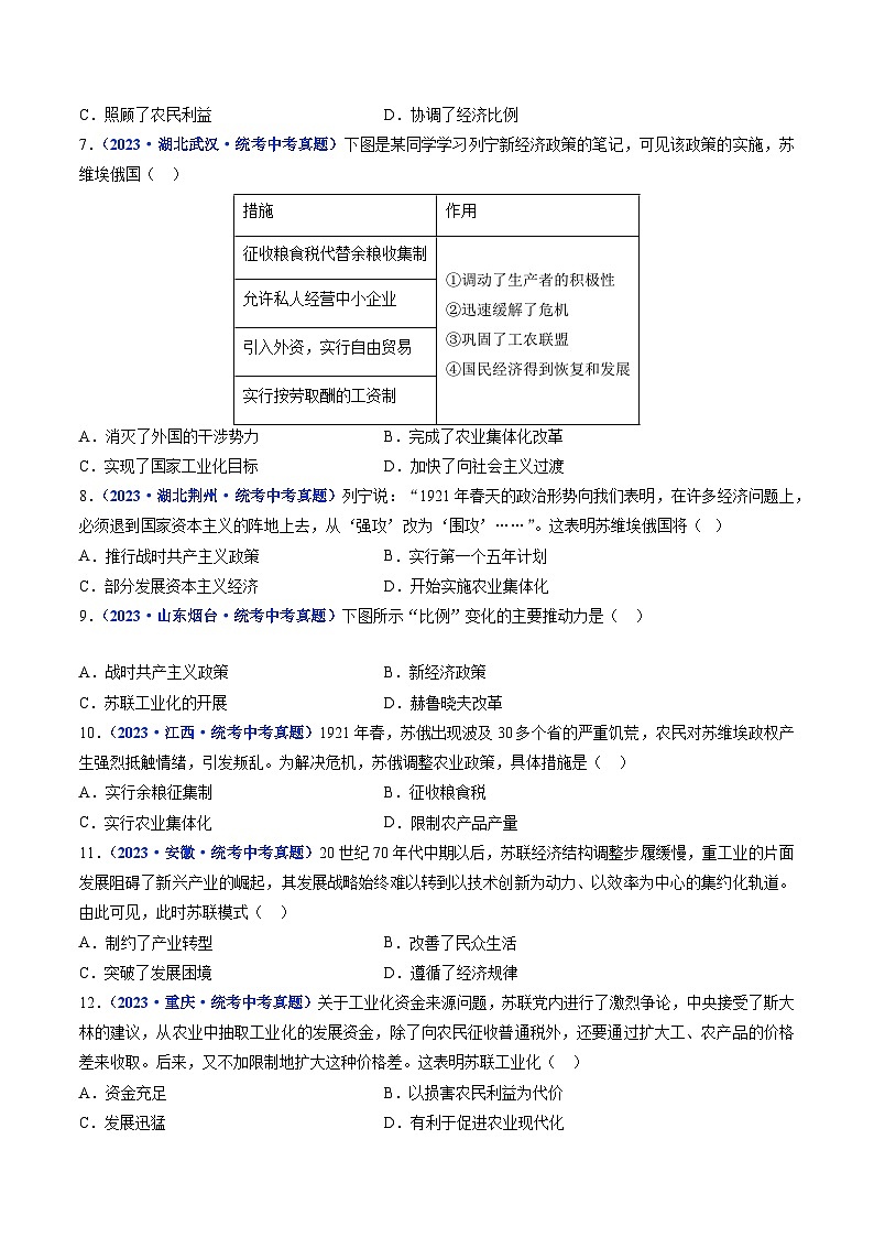 三年(2021-2023)中考历史真题分项汇编(全国通用)第11课苏联的社会主义建设(原卷版+解析)第2页
