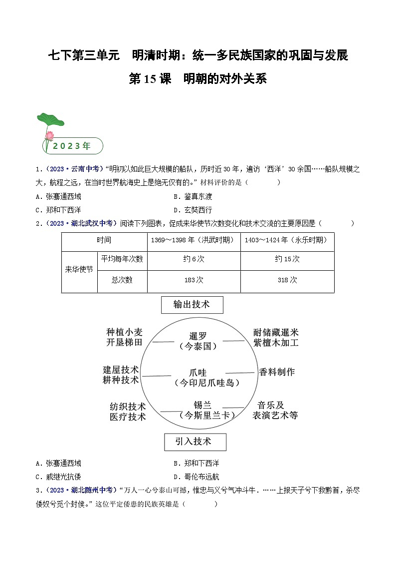 三年(2021-2023)中考历史真题分项汇编(全国通用)第15课明朝的对外关系(原卷版+解析)第1页